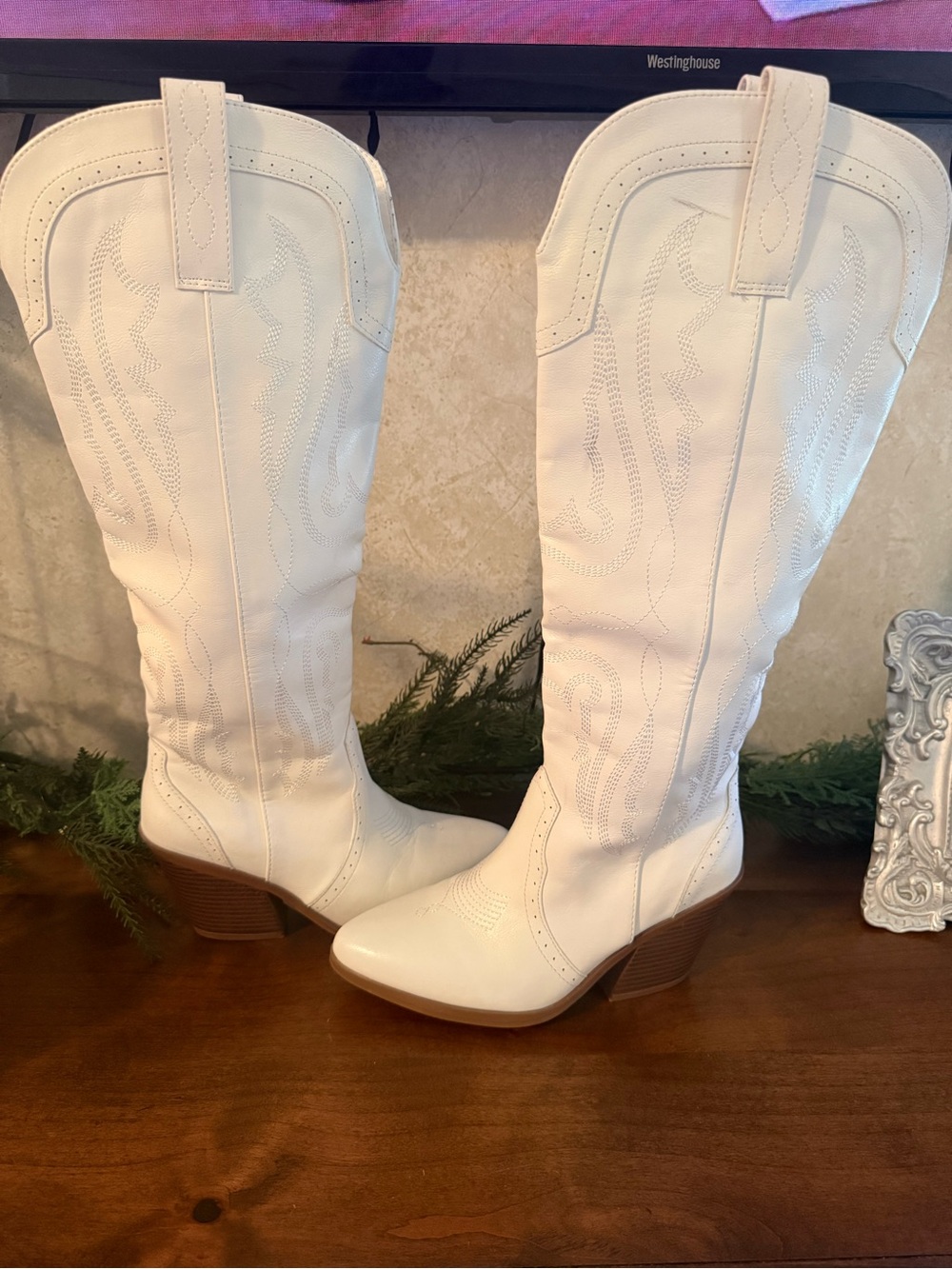 Sugar White Western Knee-High Heeled Boots